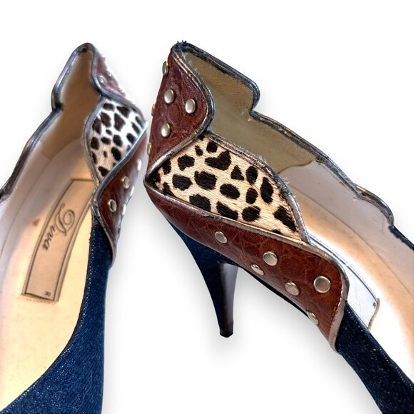 Vintage Leather, Denim & Cowhide Studded Boho Heels - Picture 5 of 12